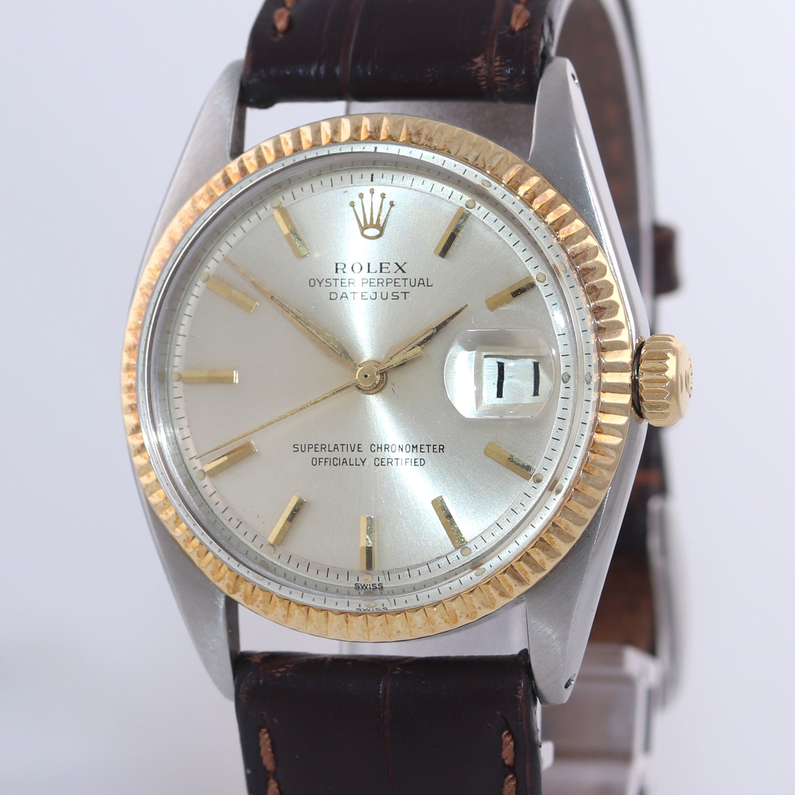 Rolex DateJust 1601 Yellow Gold Bezel Steel Pie Pan Leather 36mm Watch