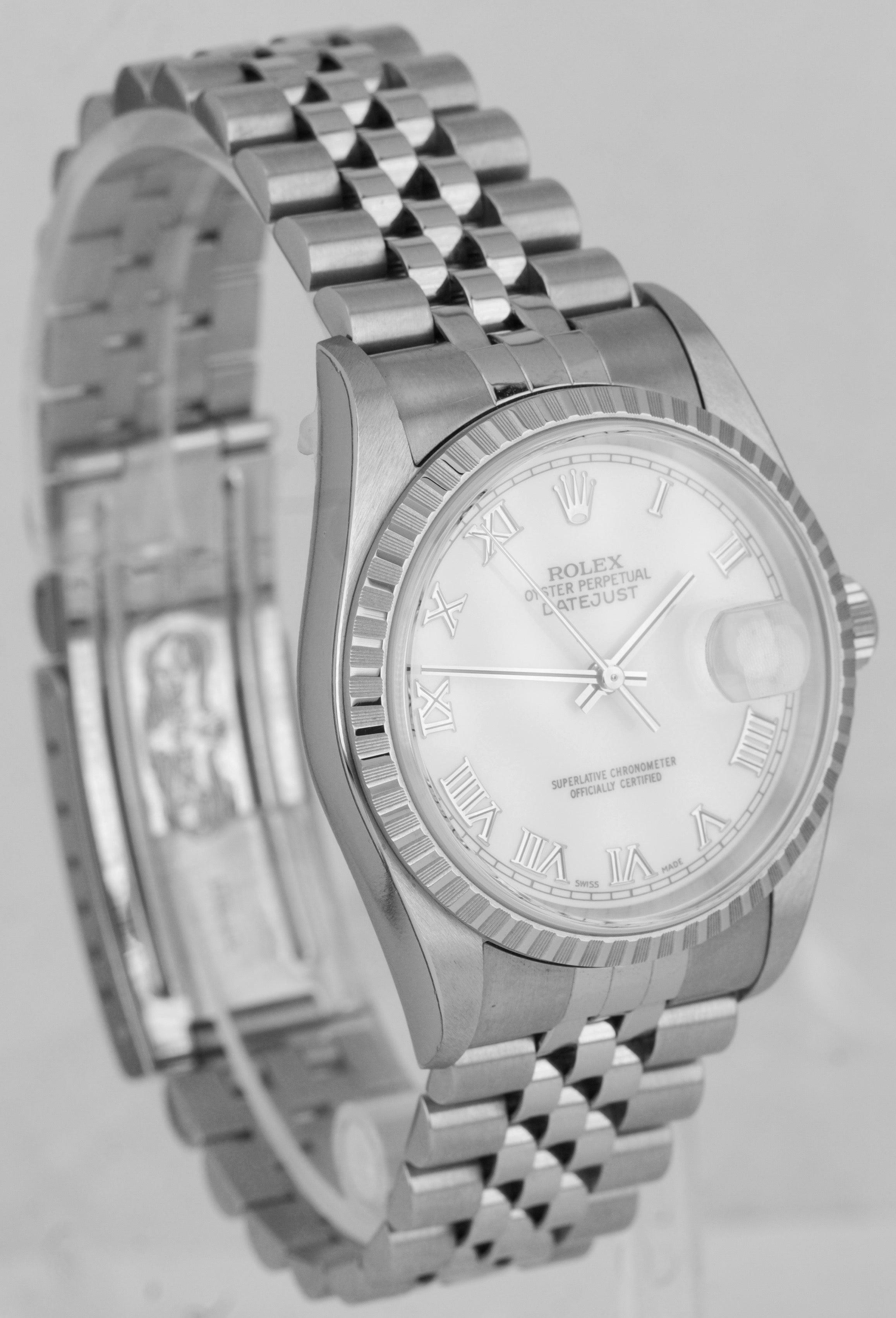 NEW NOS STICKERED 2006 Rolex DateJust 36mm White Roman Steel Jubilee Watch 16220
