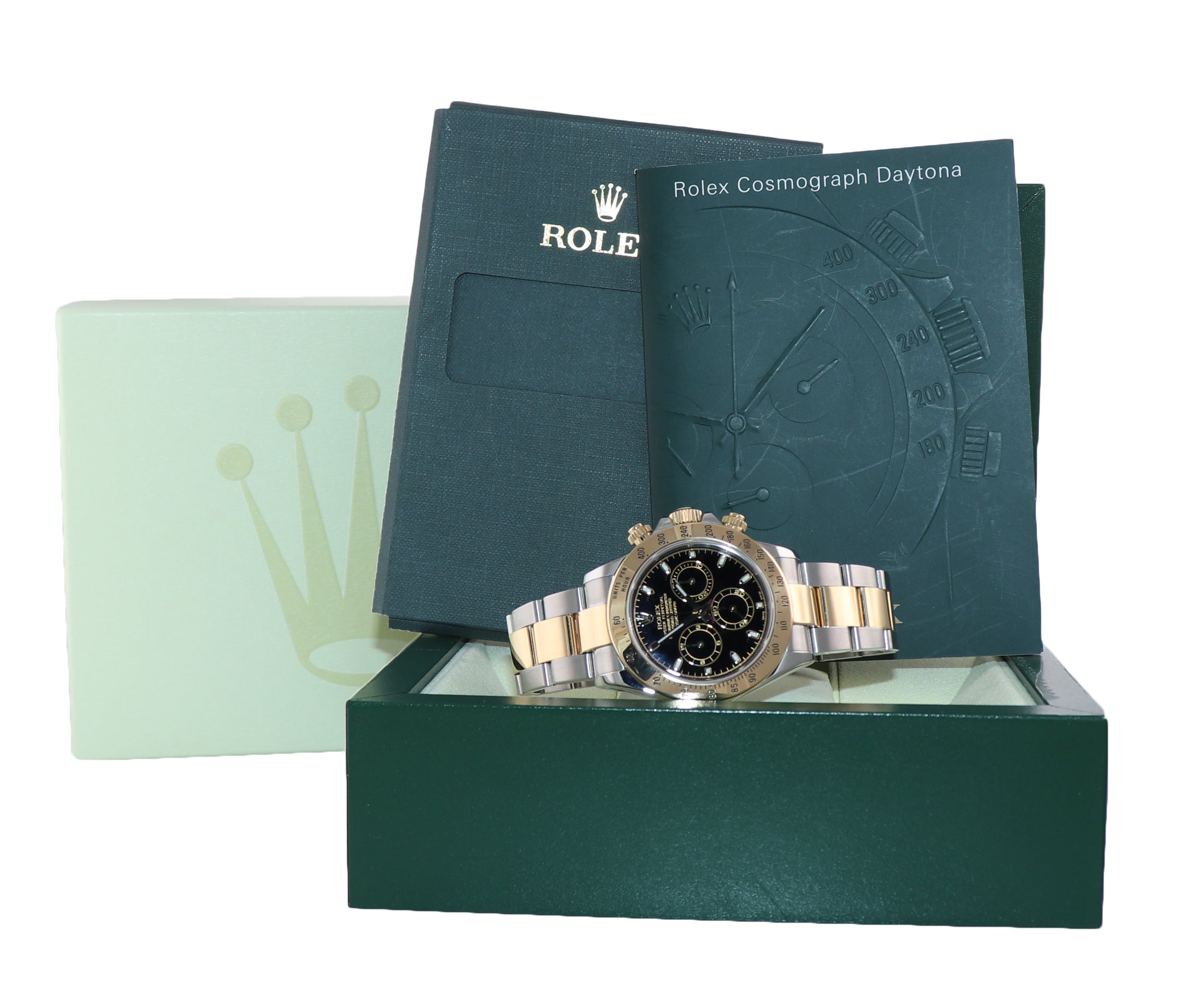 2005 Rolex Daytona 116523 Chrono Black Dial Steel 18k Gold Two Tone Watch Box