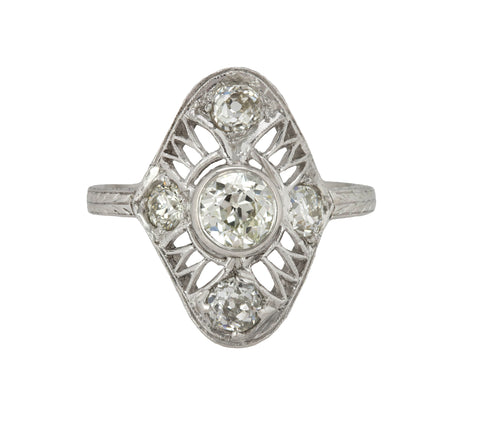 Antique Art Deco 14K White Gold 1.31ctw Old Mine Cut Diamond Filigree Ring