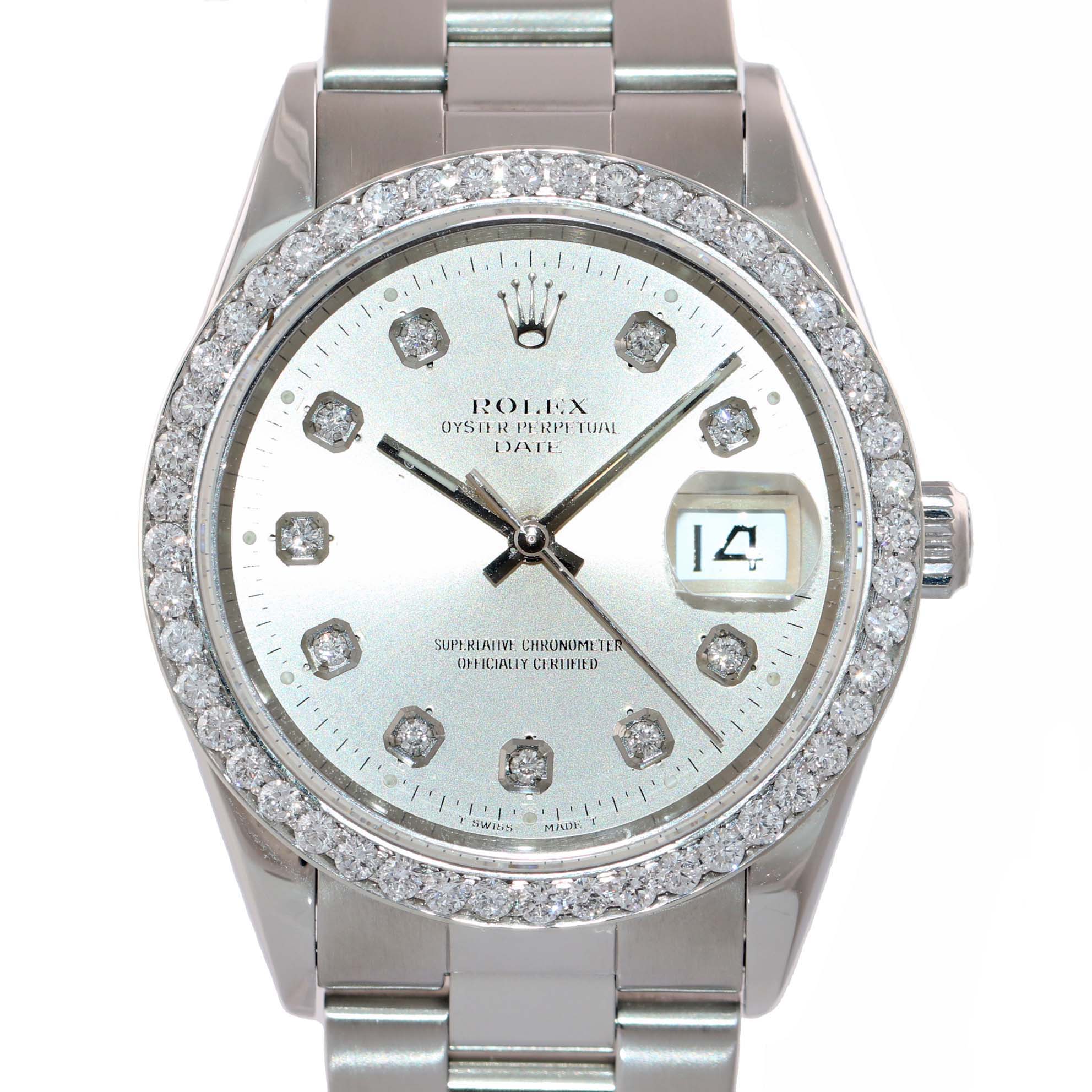 DIAMONDS Rolex Date Oyster Perpetual Stainless Steel White Stick 15200 34mm Watch N8