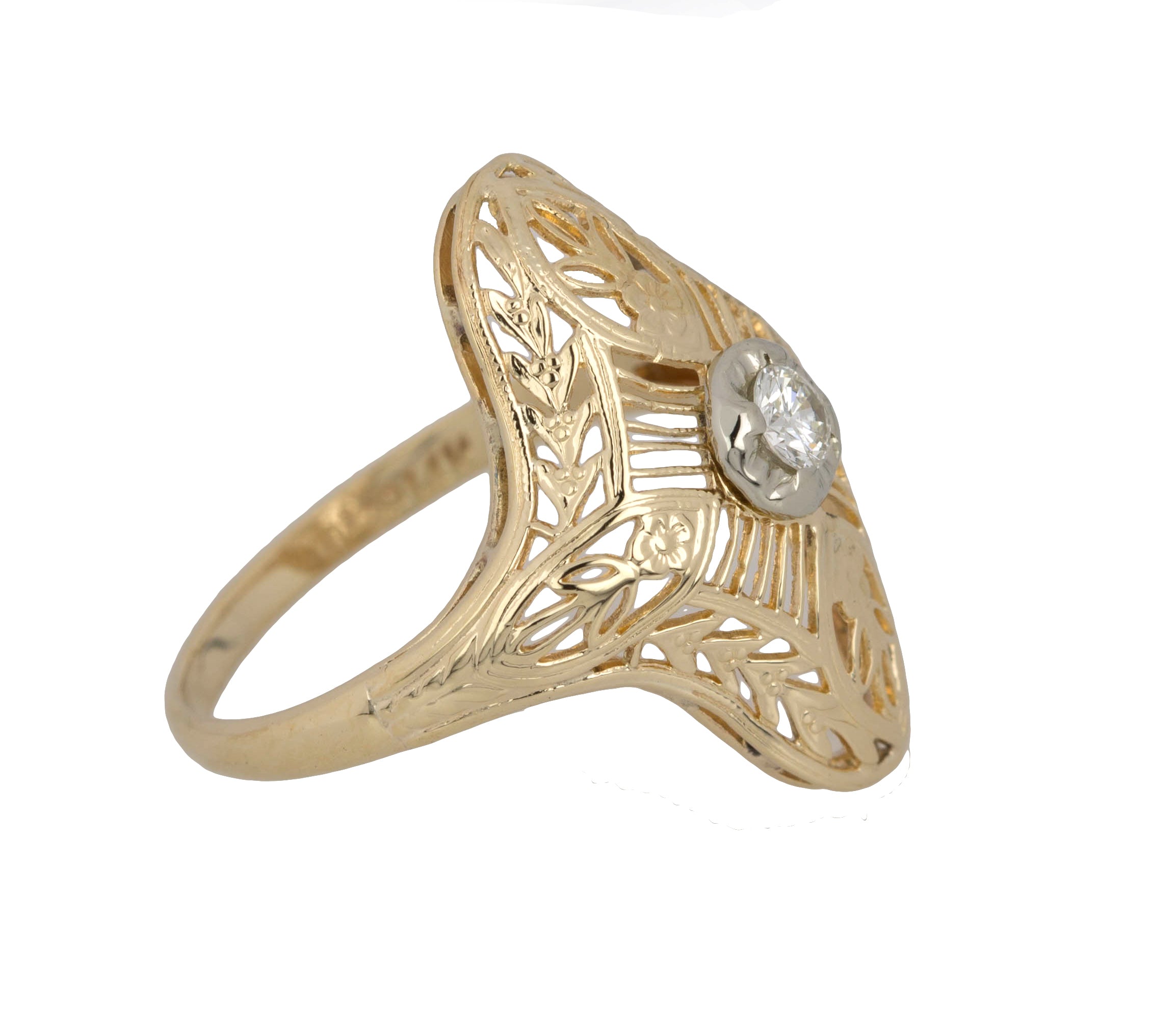 Womens Antique Art Deco 14K Yellow Gold 0.10 CT Solitaire Diamond Filigree Ring