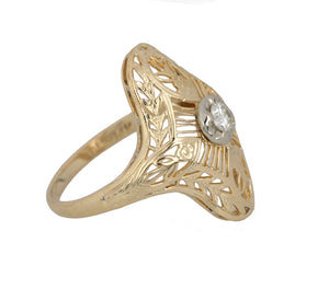 Womens Antique Art Deco 14K Yellow Gold 0.10 CT Solitaire Diamond Filigree Ring