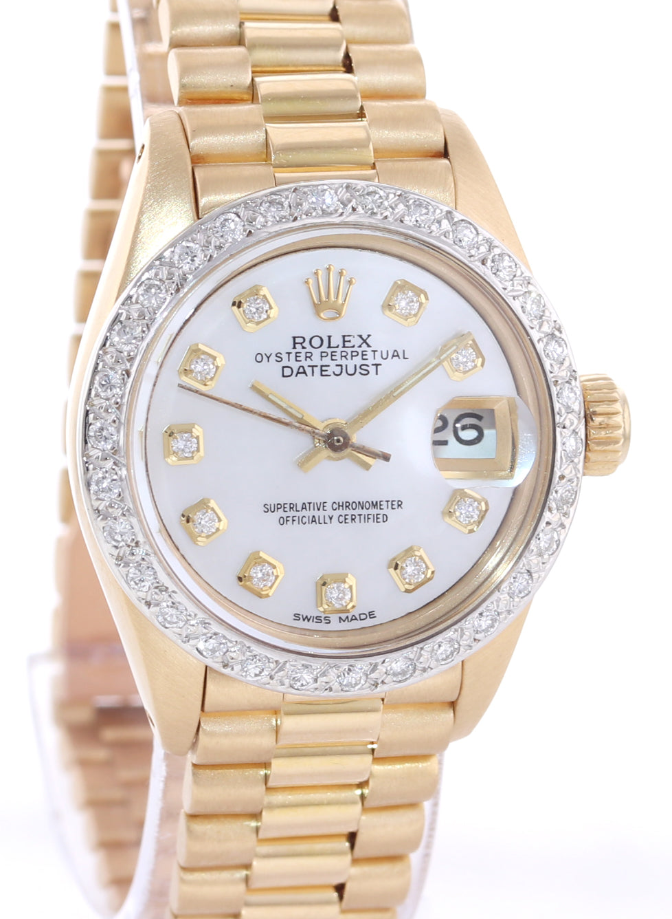 Diamond Bezel Ladies Rolex DateJust President 26mm MOP Diamond 6917 18k Watch