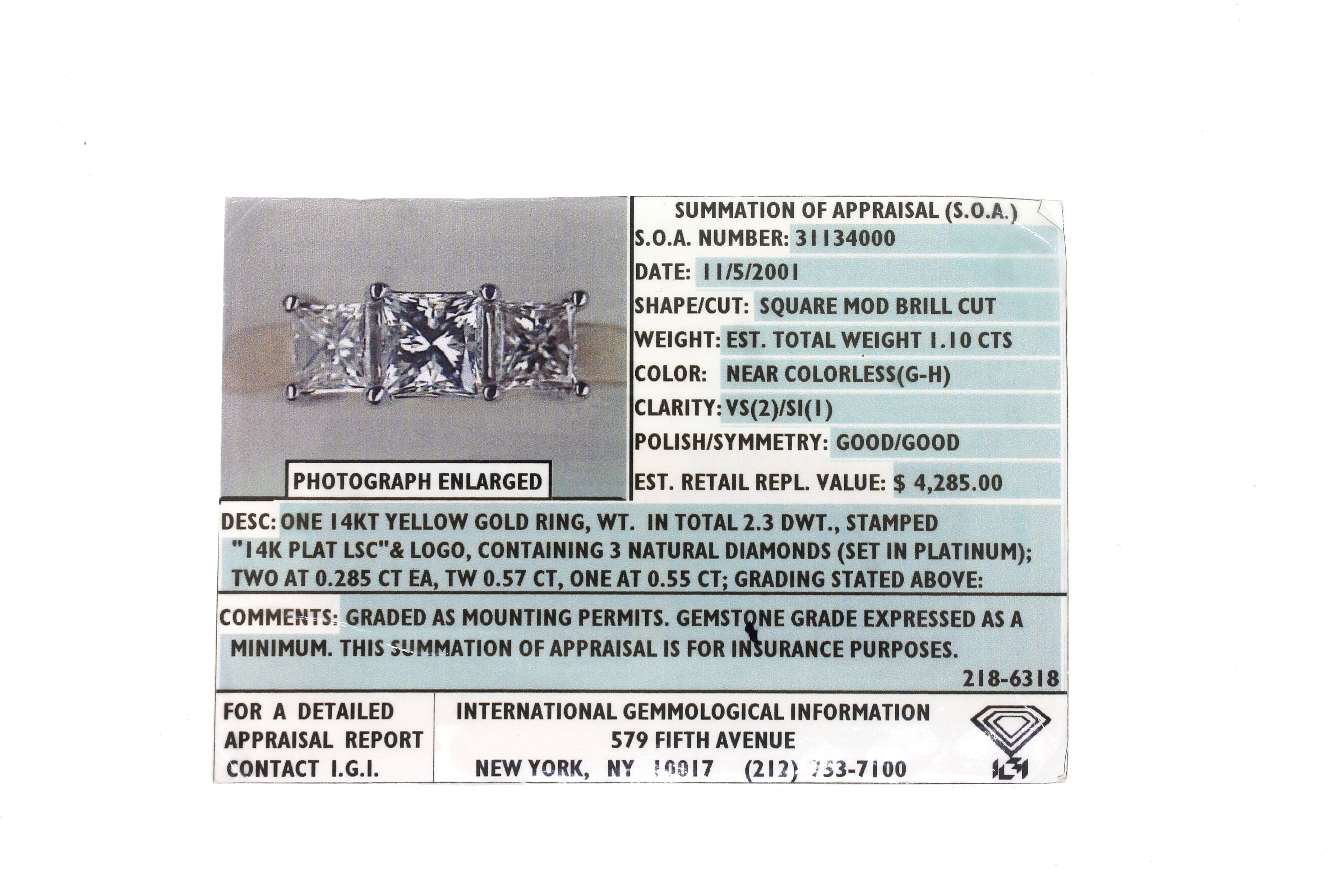 14K White Gold Princess Cut Three Stone 1.10CTW  Diamond Engagement Ring Size 6