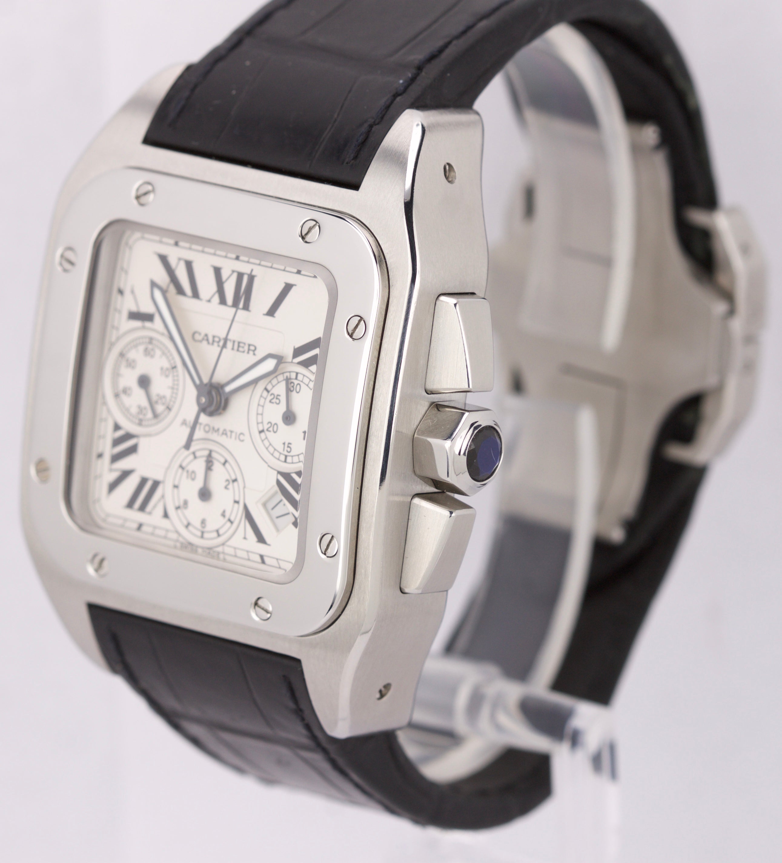 Men's Cartier Santos 100 XL Chronograph 2740 Ivory Stainless 41mm Watch W20090X8