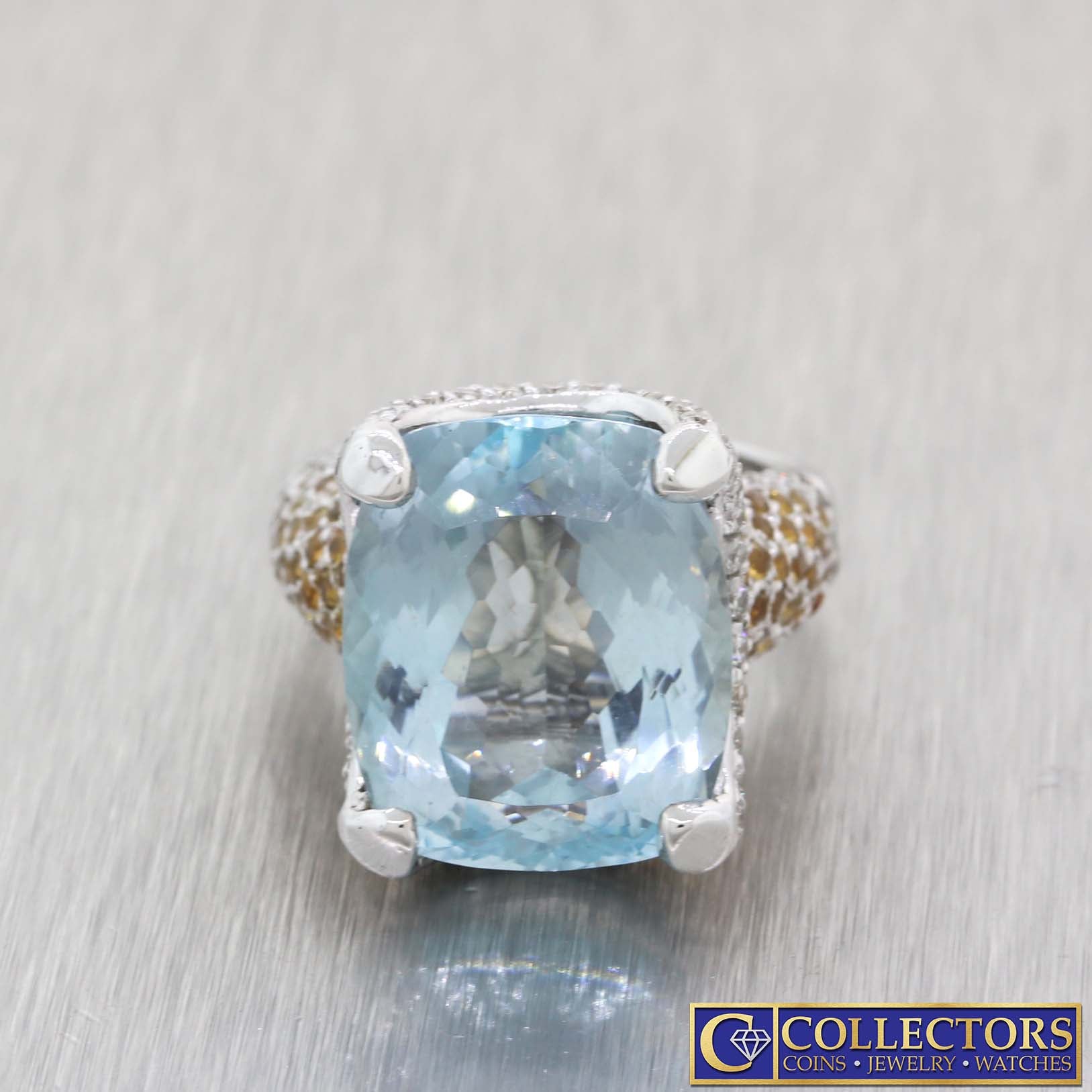 14k White Gold 15.07ctw Natural Aquamarine Diamond Sapphire Cocktail Ring AGI $10500 G8