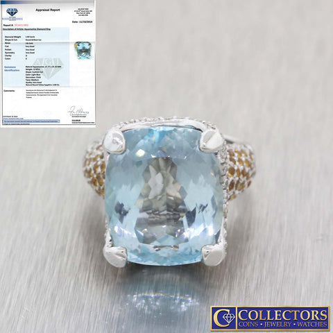 14k White Gold 15.07ctw Natural Aquamarine Diamond Sapphire Cocktail Ring AGI $10500 G8