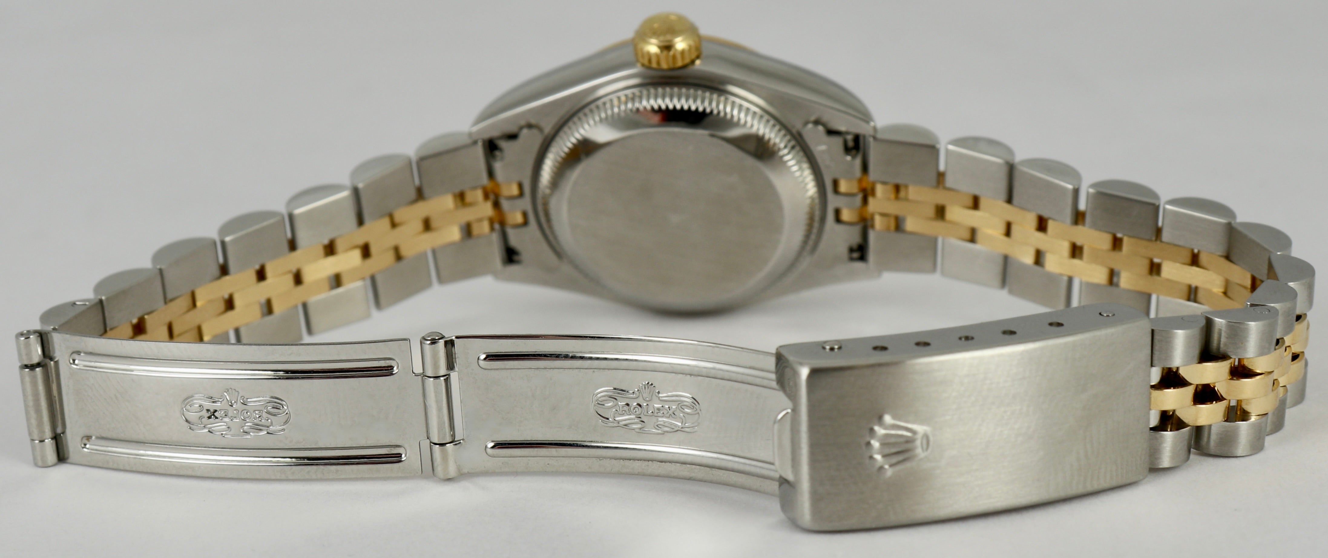MINT Ladies DateJust 26mm Two-Tone Blue NO-HOLES CASE Gold Watch 69163 B+P