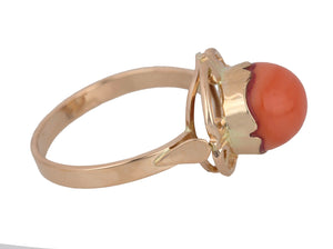 Ladies Antique Victorian 14K Rose Gold Cabochon Coral Gemstone Cocktail Ring
