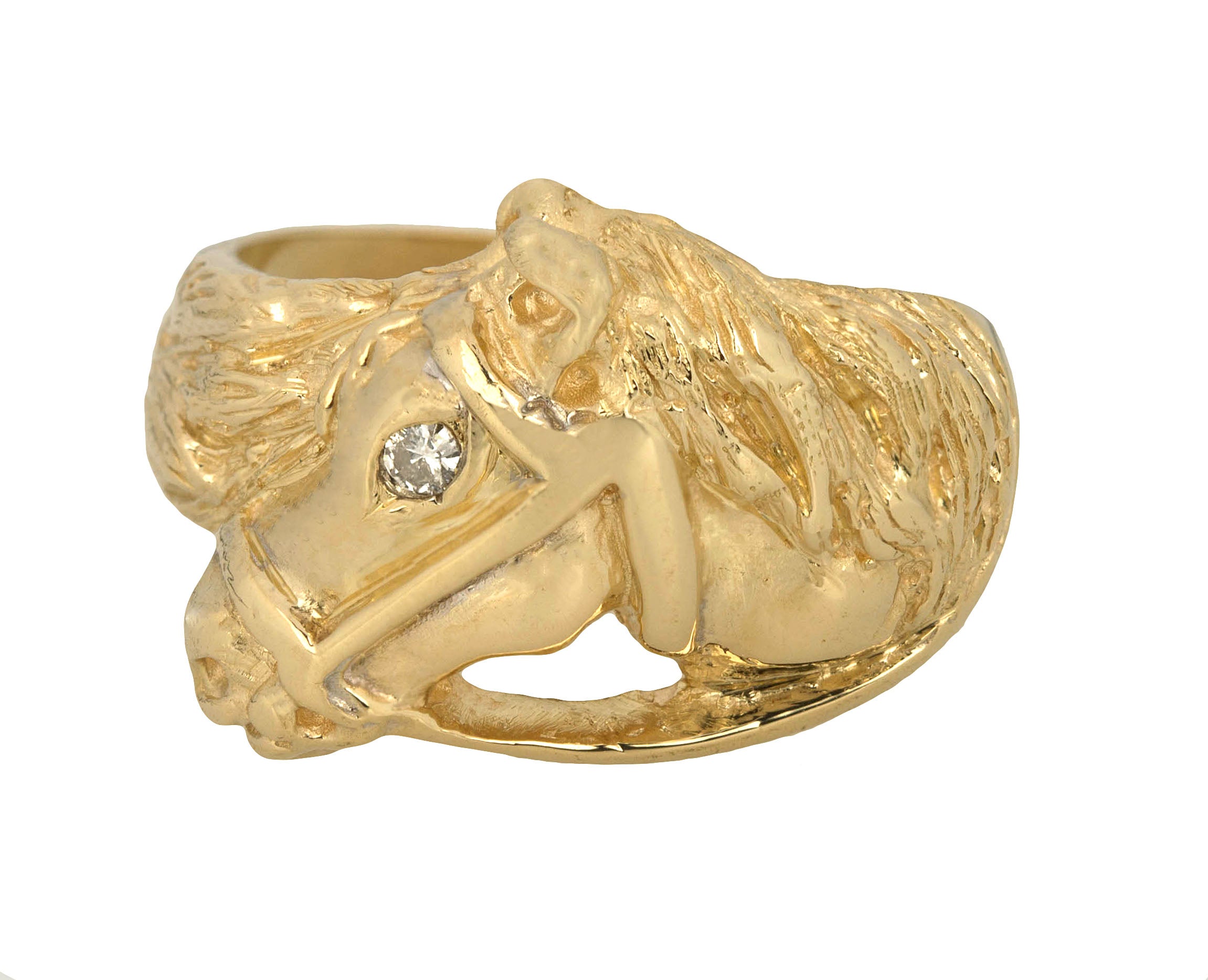 Modern 14k Yellow Gold 0.03ct Diamond Horse Head Equestrian Cocktail Ring