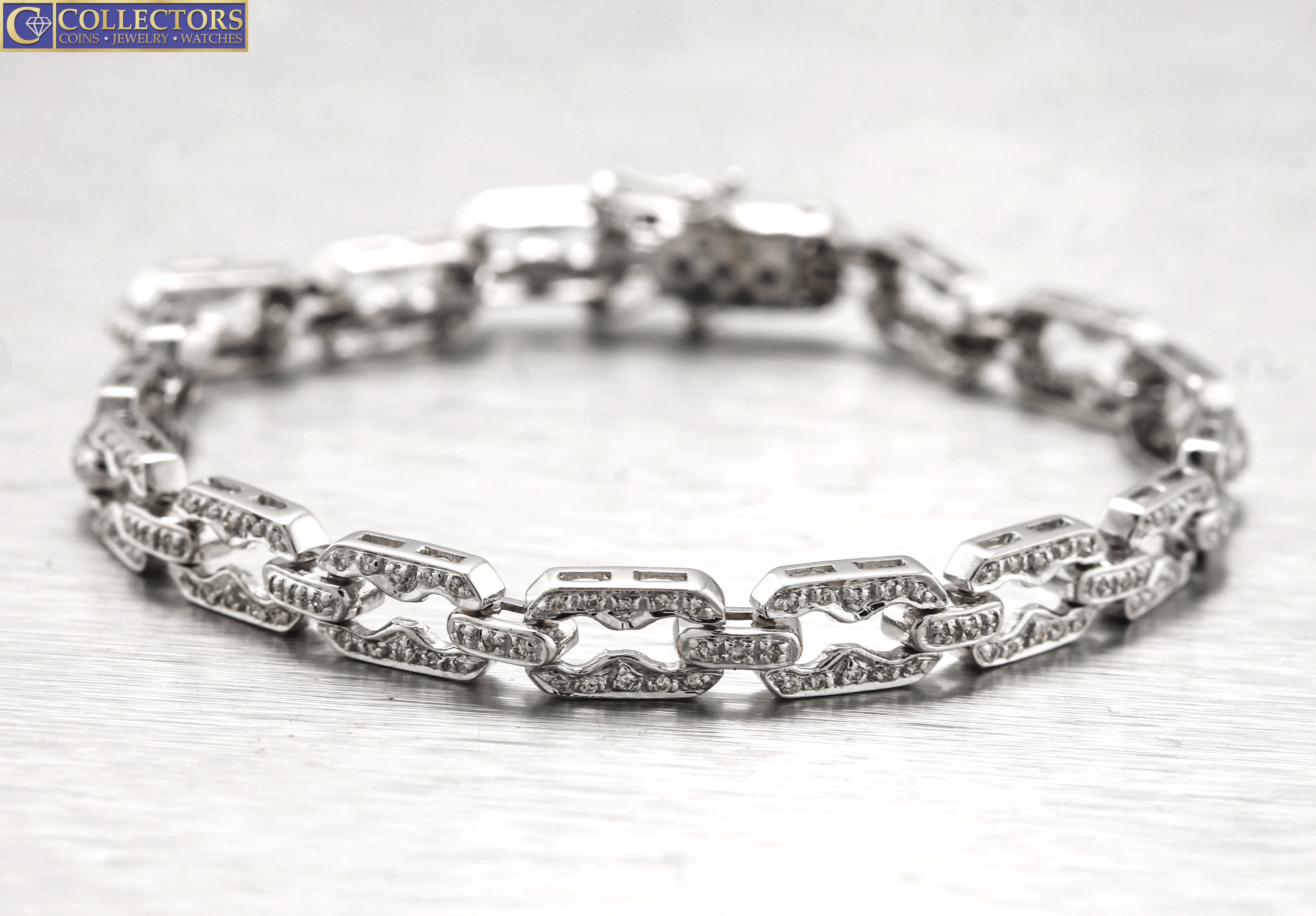 Ladies Estate 18K 750 White Gold 1.11ctw Diamond 7.00" Fancy Link Chain Bracelet
