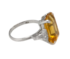 Ladies Modern 14K White Gold 16x12mm Citrine Emerald Cut Diamond Cocktail Ring