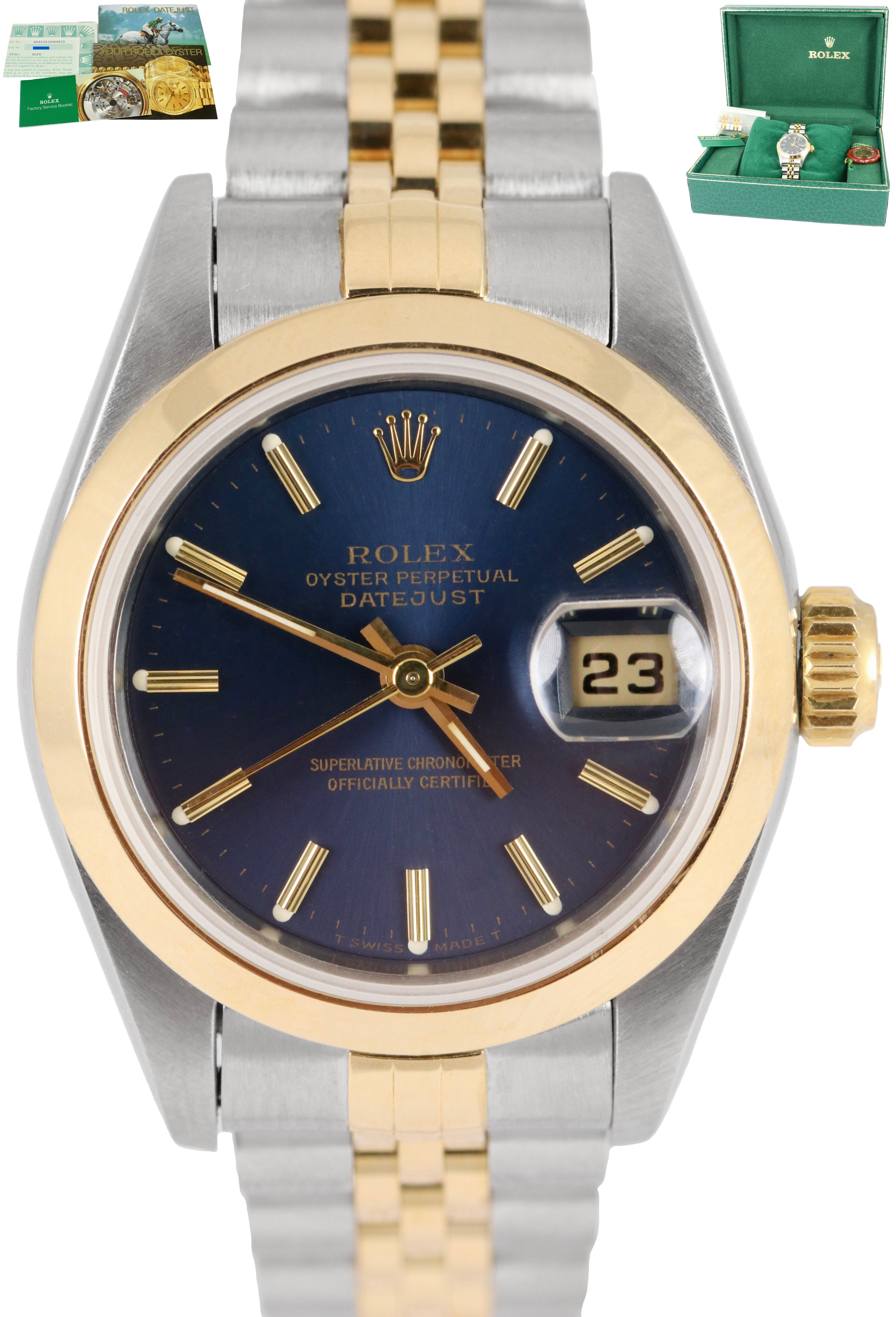 MINT Ladies DateJust 26mm Two-Tone Blue NO-HOLES CASE Gold Watch 69163
