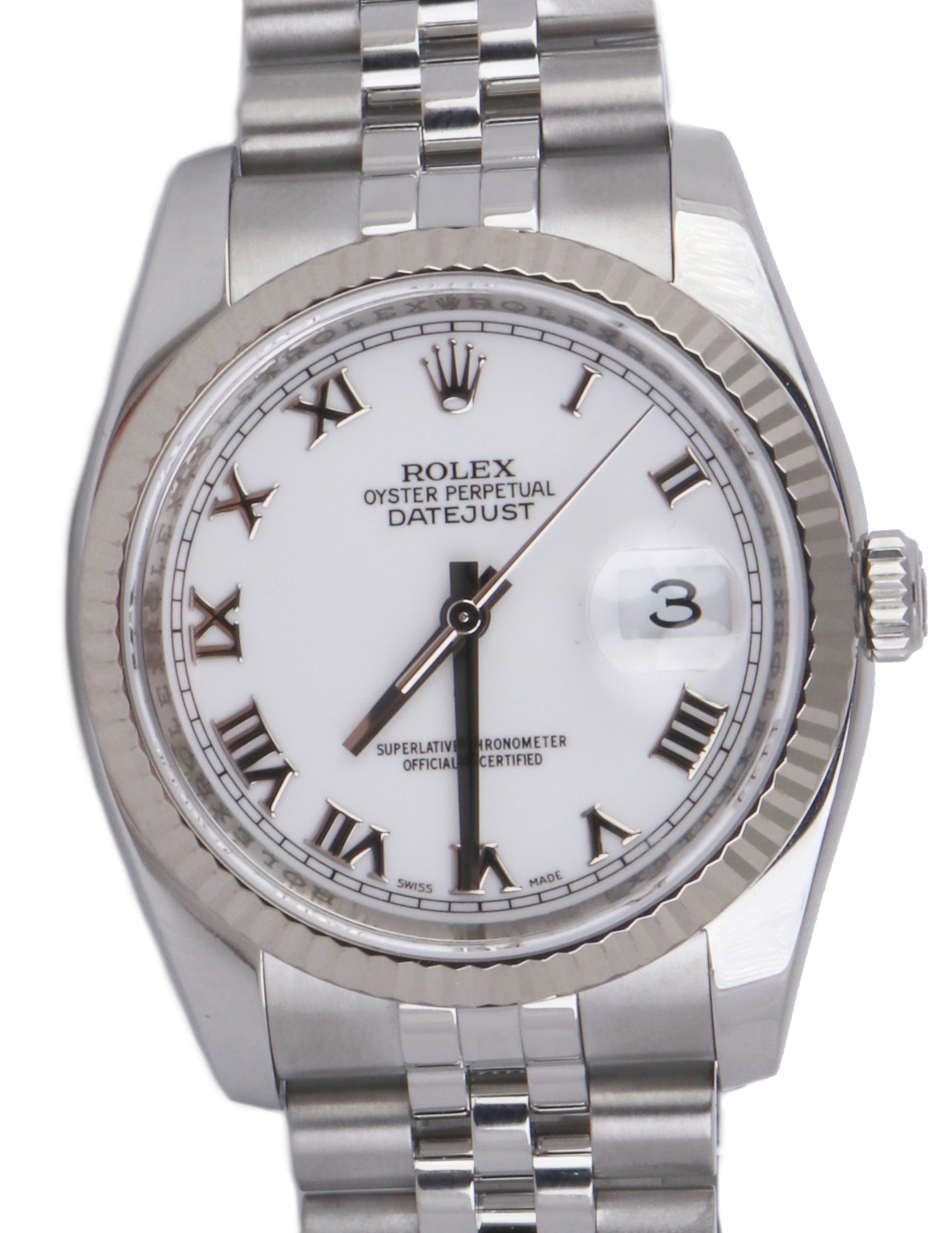 2012 Mint Rolex DateJust 116234 36mm White Roman Numeral Jubilee Date Watch