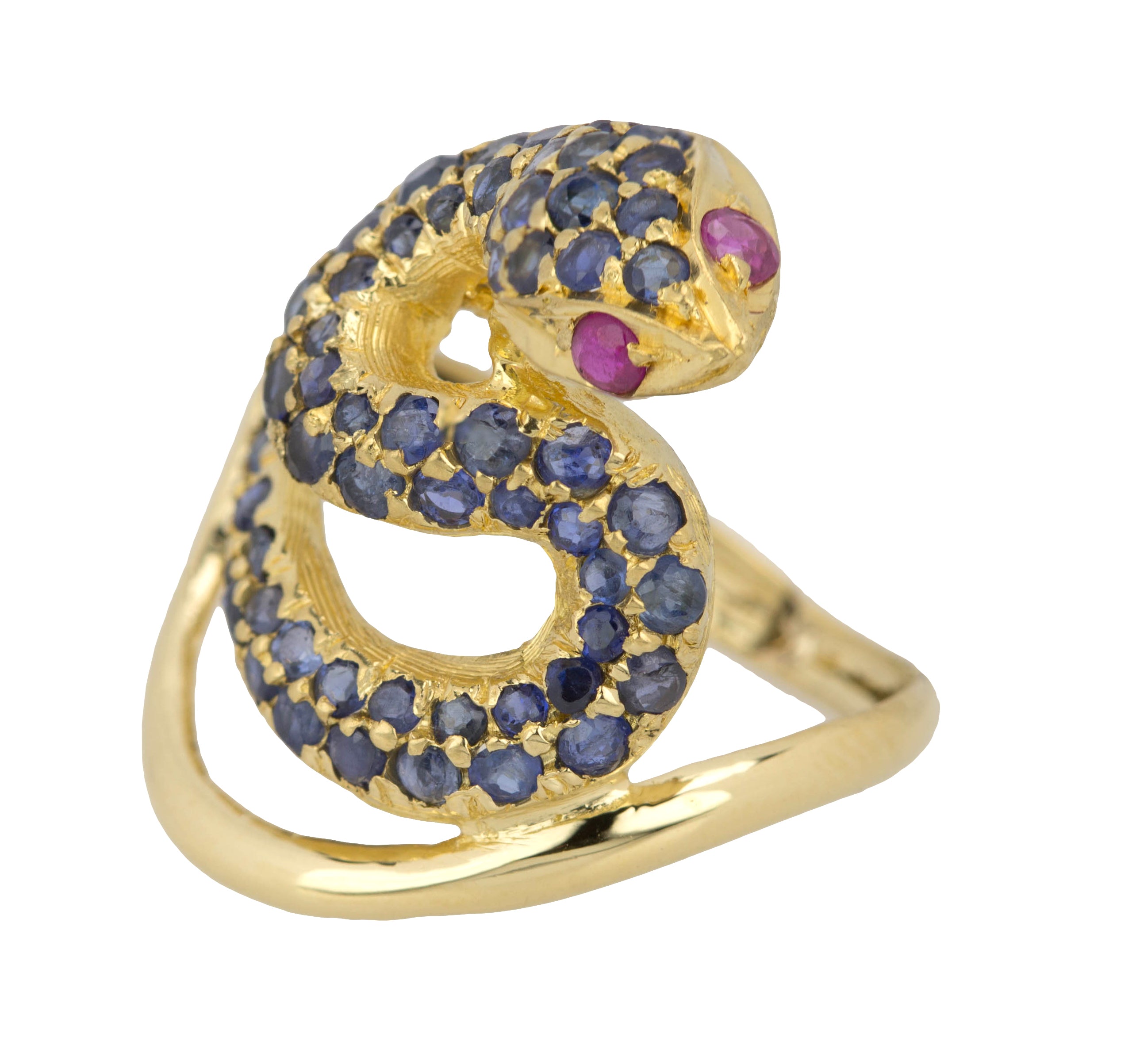 Vintage Estate 14K Yellow Gold Blue Sapphire Ruby Eyed Serpent Python Snake Ring