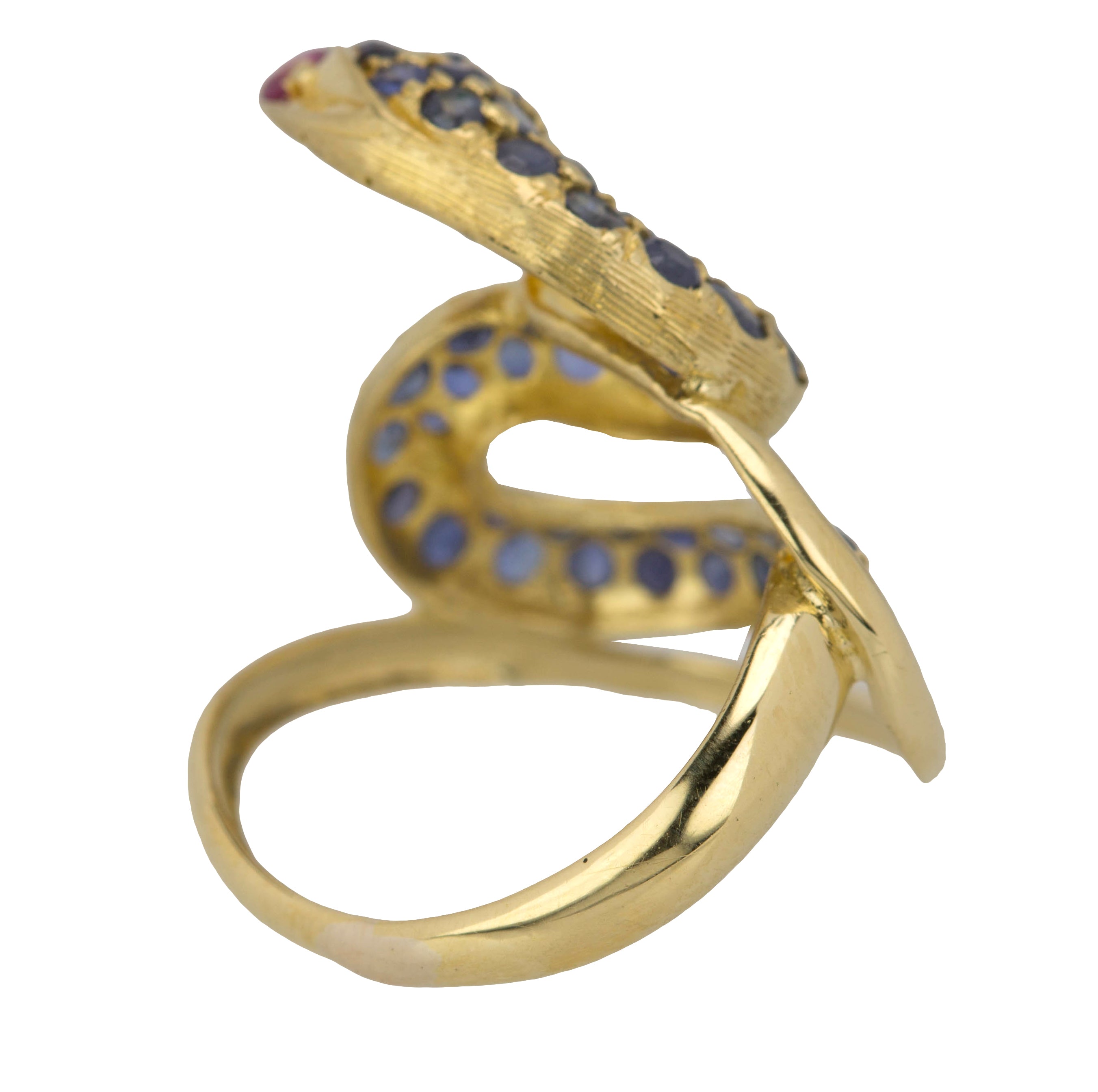 Vintage Estate 14K Yellow Gold Blue Sapphire Ruby Eyed Serpent Python Snake Ring