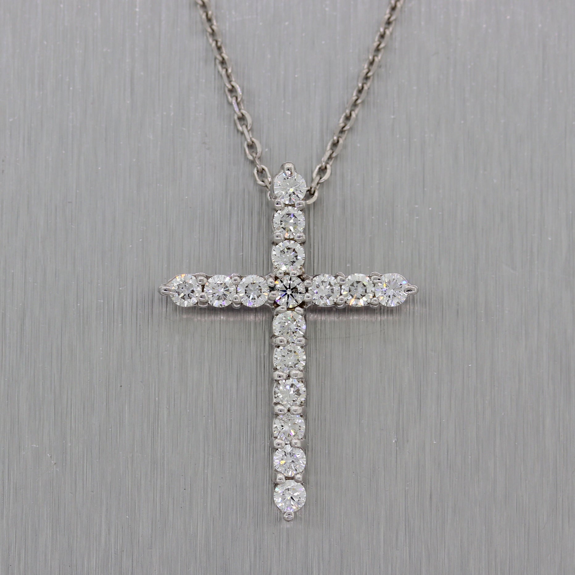 Modern 14k White Gold 1ctw Diamond Cross 18" Necklace