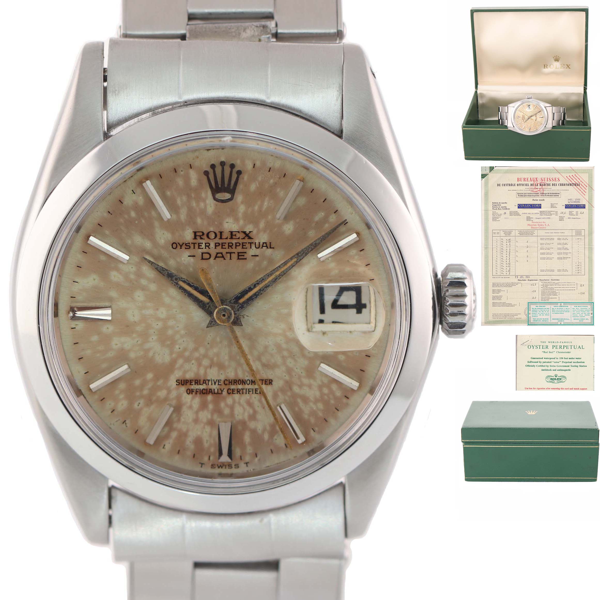 PAPERS Patina Rolex Date 1500 Steel Silver Dial 34mm Oyster Perpetual Watch Box