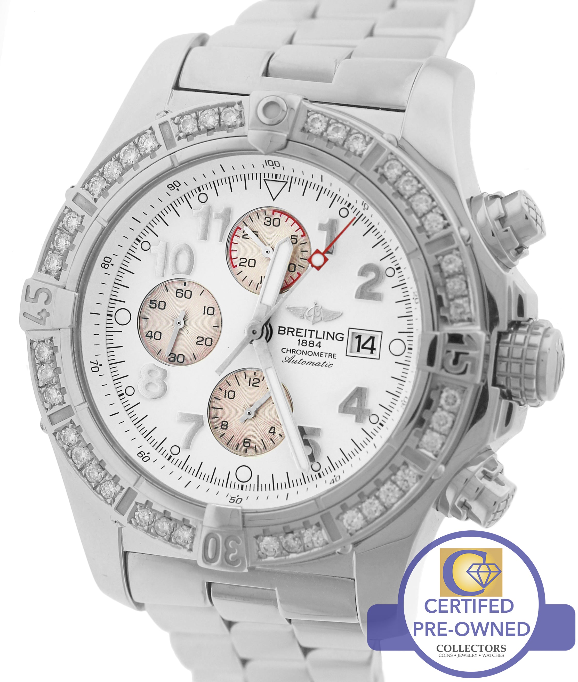 2011 Breitling Super Avenger Chronograph White Diamond A13370 Steel 48mm Watch