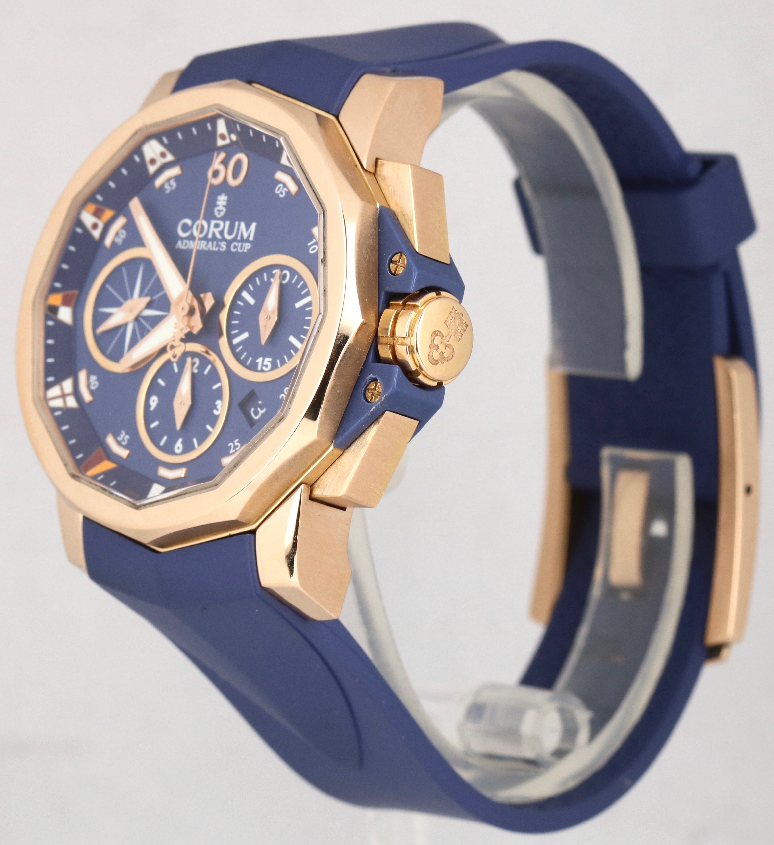 Corum Admiral's Cup Challenge 44mm Blue 18K Rose Gold Chronograph 01.0023 Watch