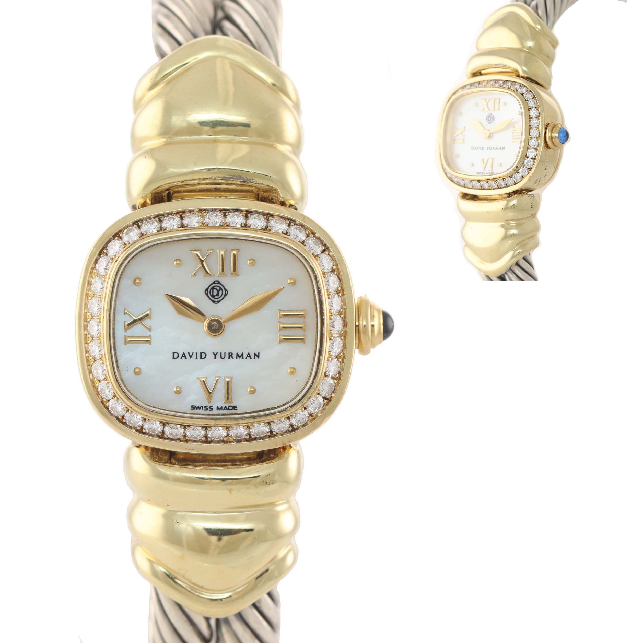 Ladies David Yurman T-17326 18k Gold Silver Diamond MOP Bangle Bracelet Watch