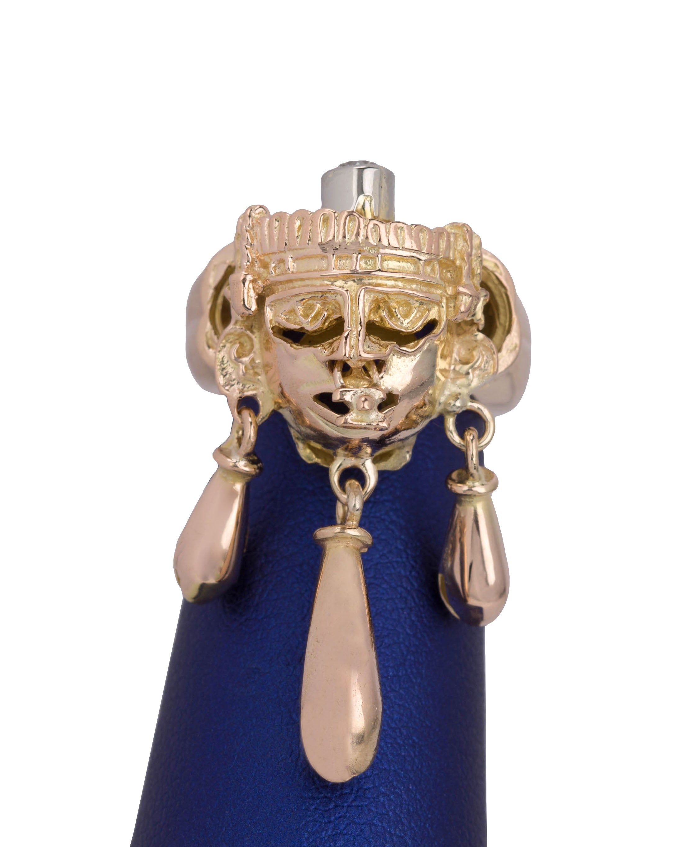 Modernist 14K Rose Gold Mayan 3D Tribal Mask Dangling Bell 0.15ct Diamond Ring