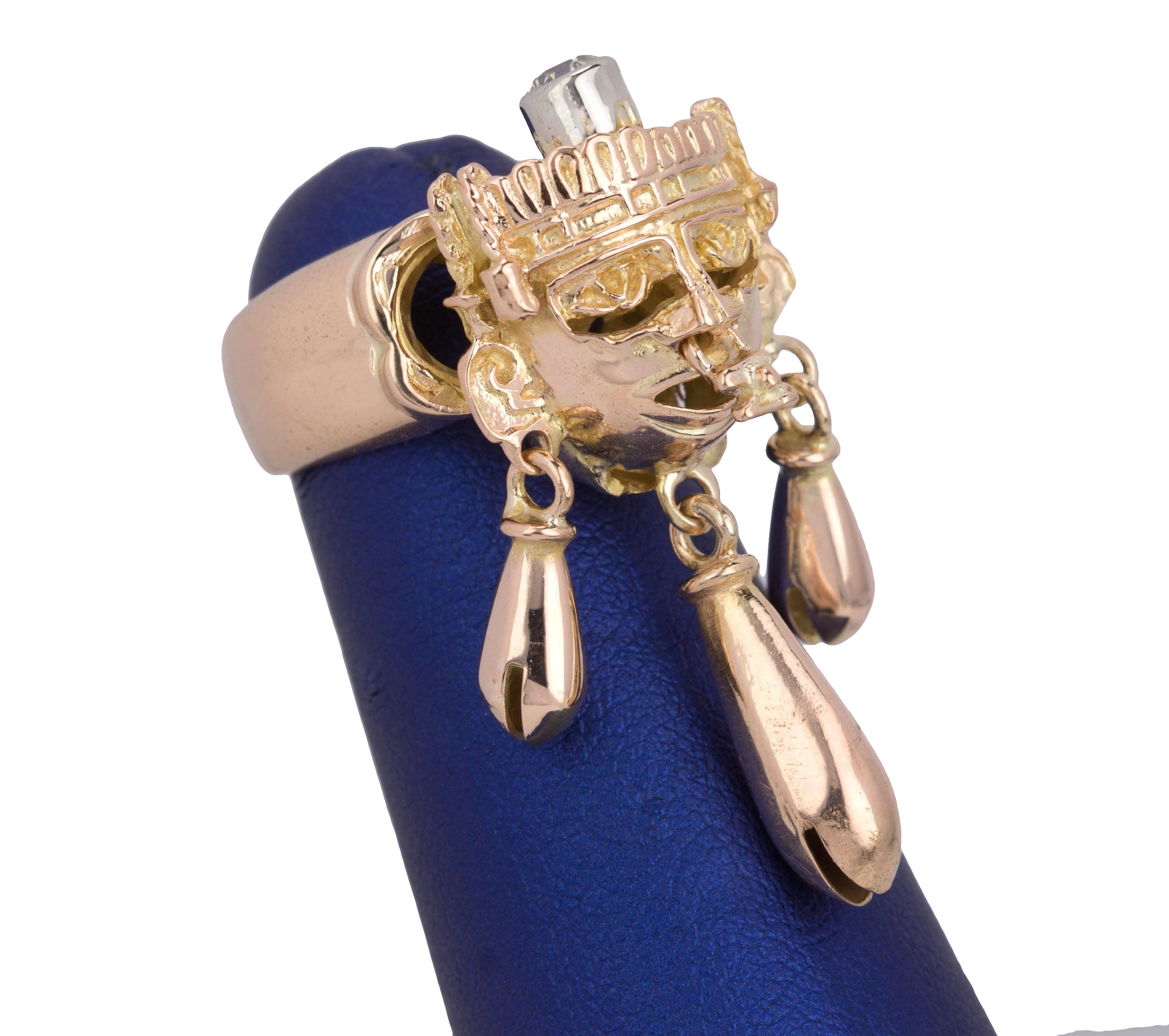 Modernist 14K Rose Gold Mayan 3D Tribal Mask Dangling Bell 0.15ct Diamond Ring