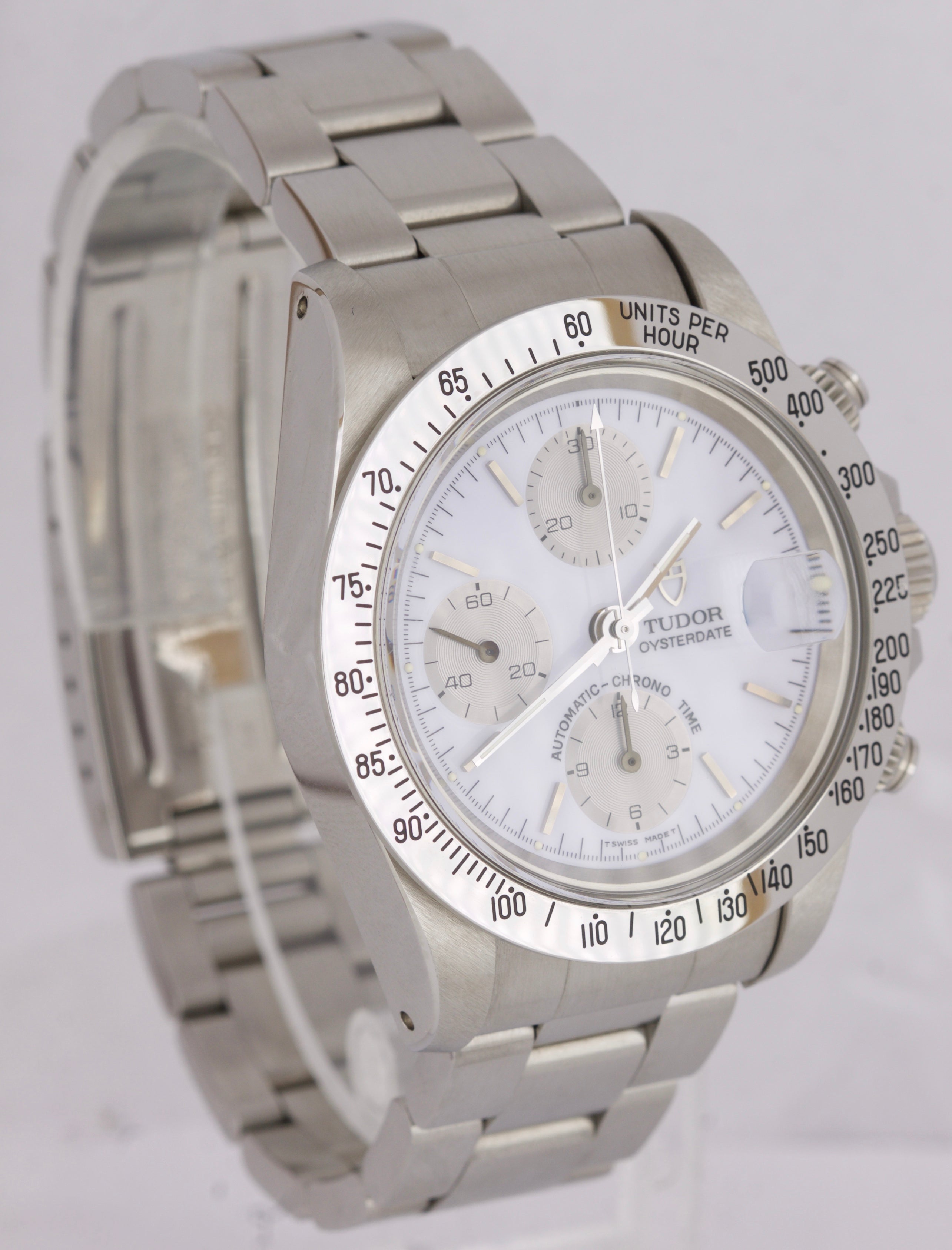 NOS LNIB Tudor OysterDate Chronograph BIG BLOCK 'ALBINO' 79180 Stainless Watch
