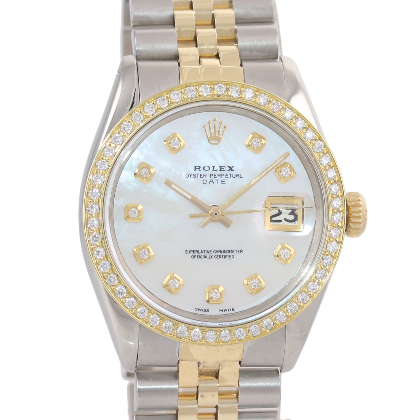Rolex Date 15000 MOP Diamond two tone Gold Bezel 34mm Jubilee Watch