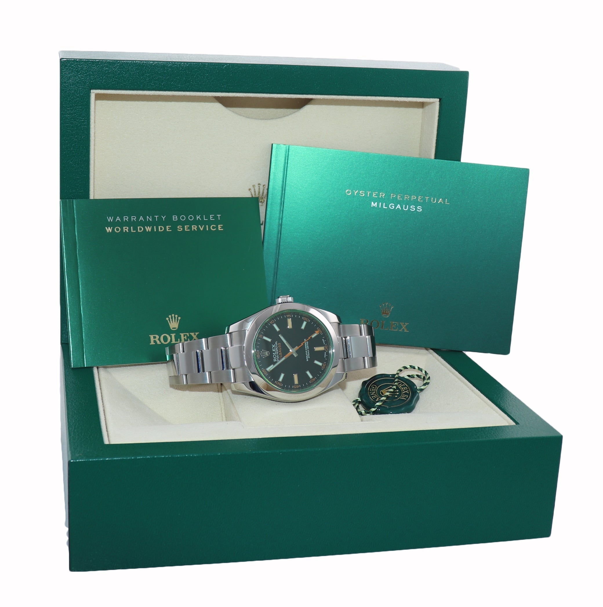 Rolex Milgauss Green Anniversary 116400 GV Steel Black Green Watch Box