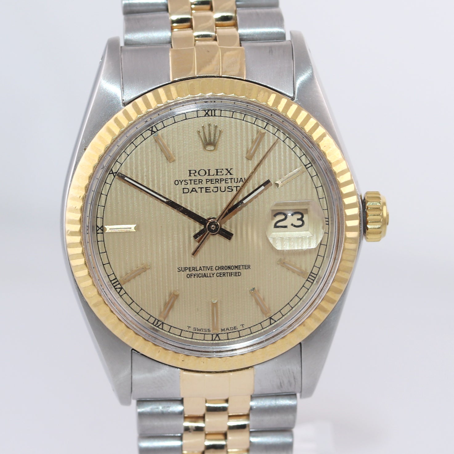 PAPERS Champagne Tapestry Rolex DateJust 16013 Two Tone 18k Yellow Gold Jubilee