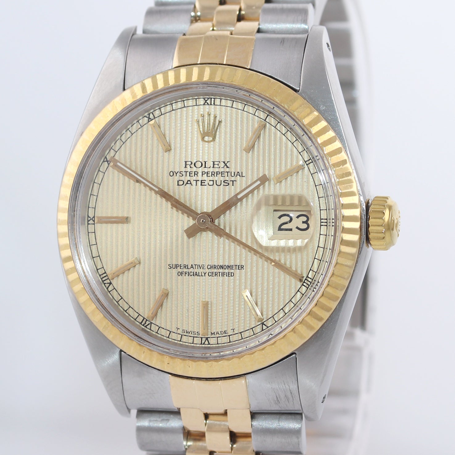 PAPERS Champagne Tapestry Rolex DateJust 16013 Two Tone 18k Yellow Gold Jubilee