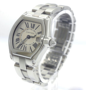 MINT Ladies Cartier Roadster Date Stainless Silver Quartz Roman Swiss Watch 2675