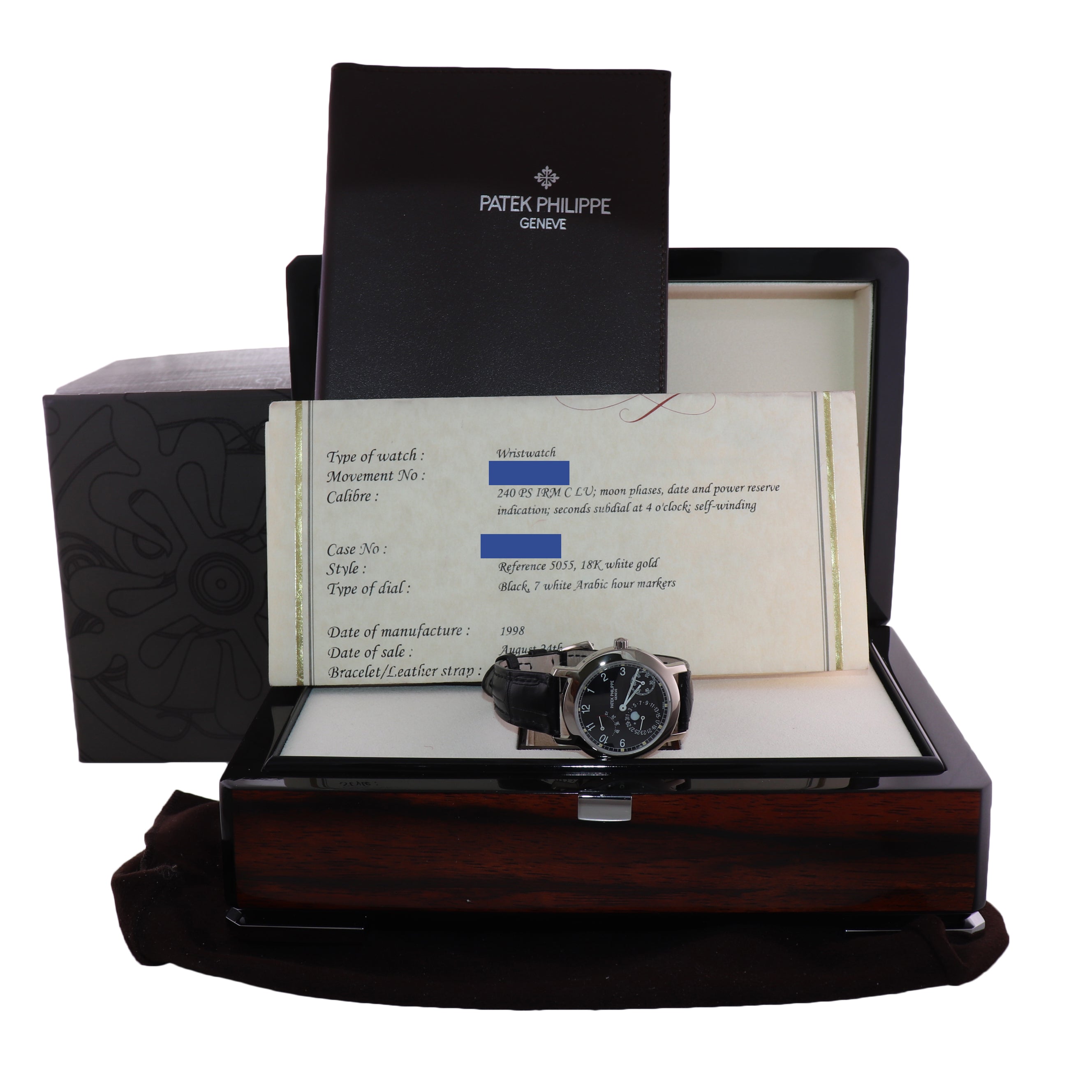 PAPERS Patek Philippe 5055g White Gold 36mm Moonphase Black Leather Watch