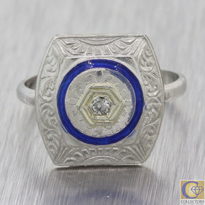1920s Antique Art Deco Platinum Diamond Blue Enamel Cocktail Ring