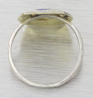 1920s Antique Art Deco Platinum Diamond Blue Enamel Cocktail Ring F8