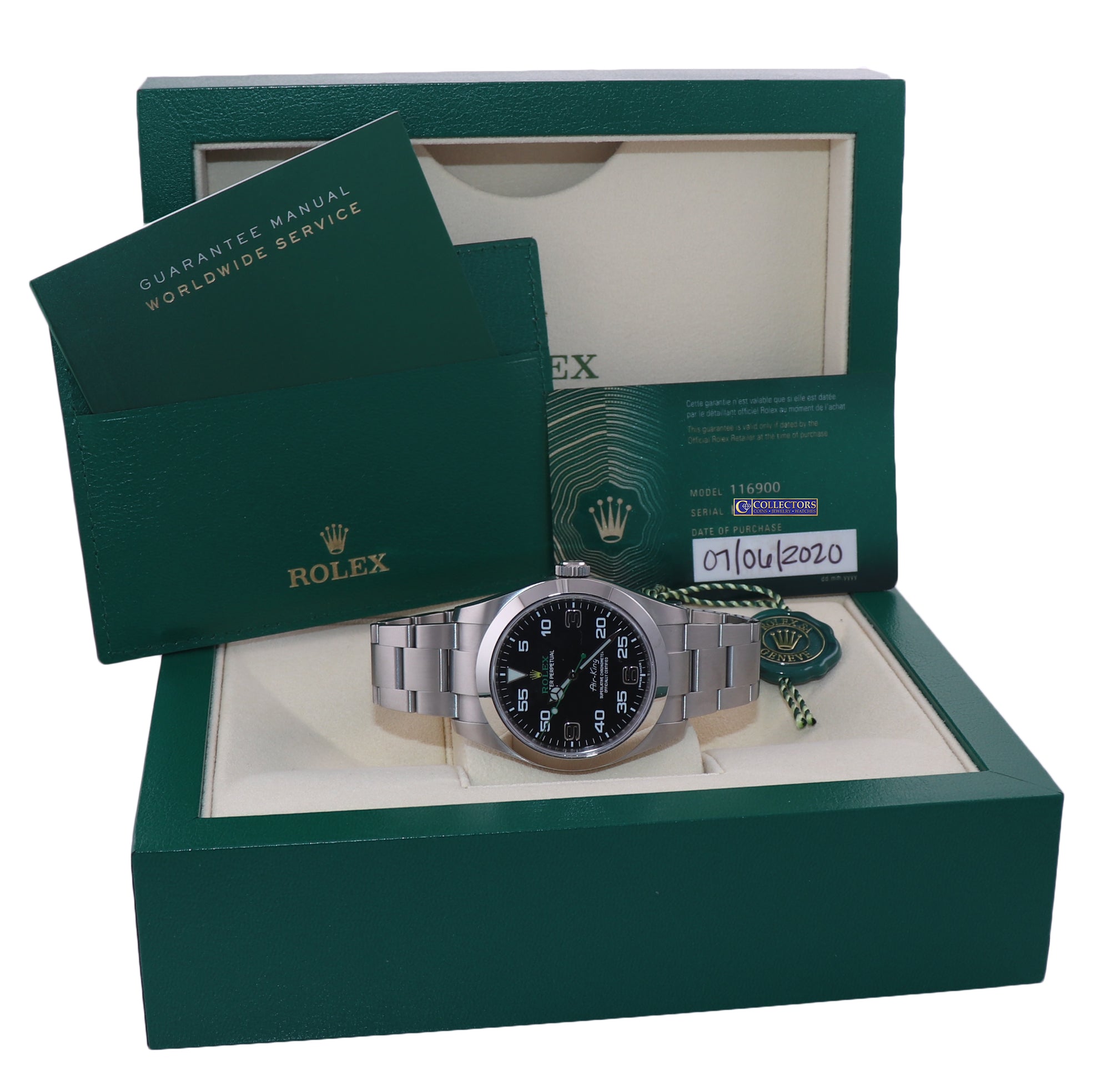 NEW 2020 PAPERS Rolex Air-King 116900 Green Arabic 40mm Steel Watch Box