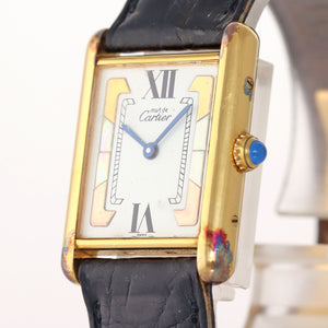 VTG Ladies Must de Cartier Tank Vermeil Gold Tri Color White Roman Quartz Watch
