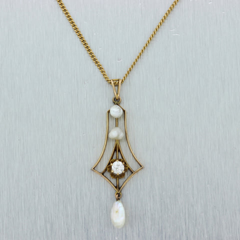 1880's Antique Victorian 14k Yellow Gold 0.20ct Diamond & Pearl 18" Necklace