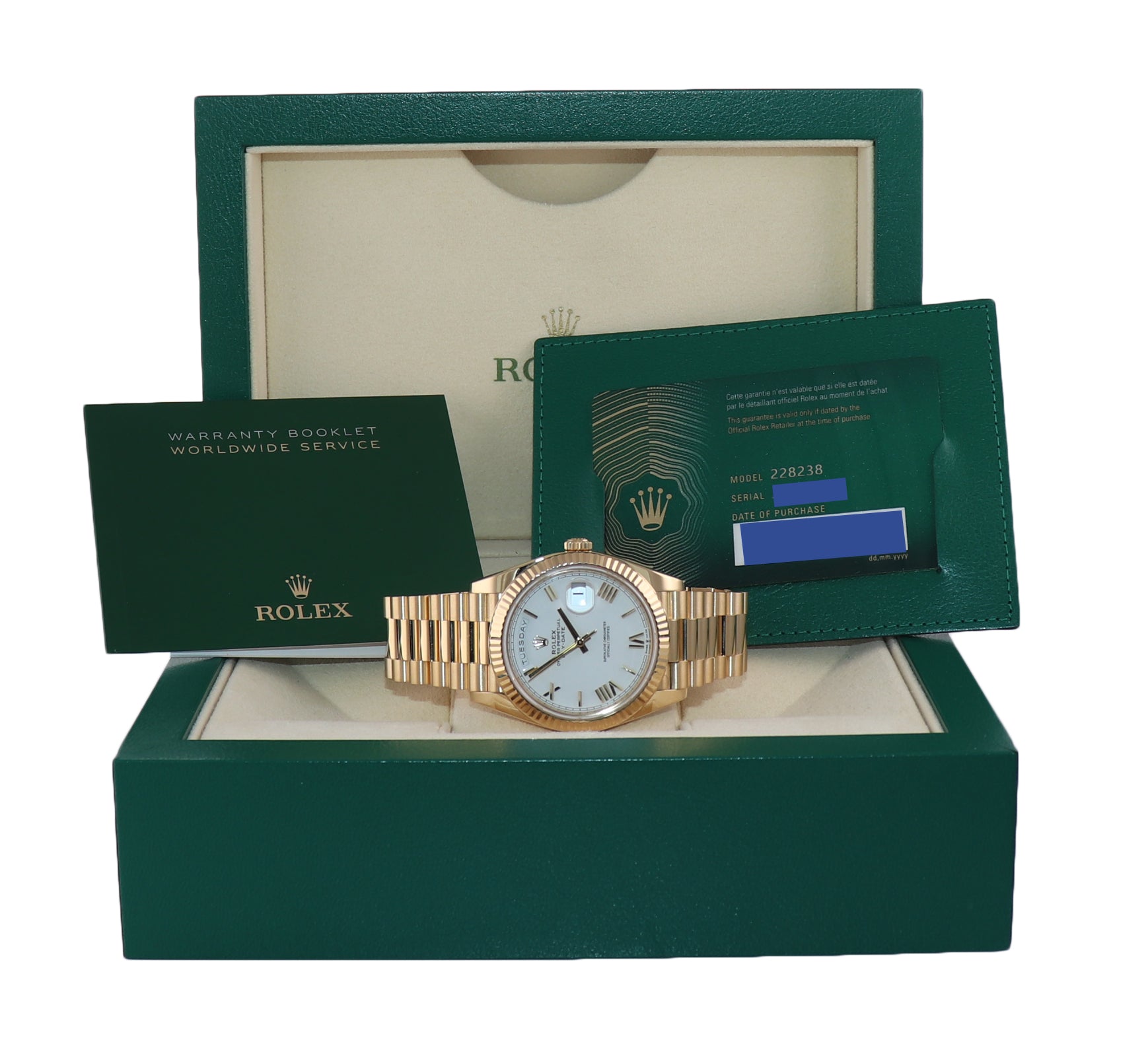 2020 NEW Rolex Day-Date 40 President 228228 White Roman Yellow Gold Watch Box