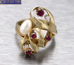 Antique Estate 14K Yellow Gold 0.45ctw Ruby Diamond Baroque Pearl Cocktail Ring