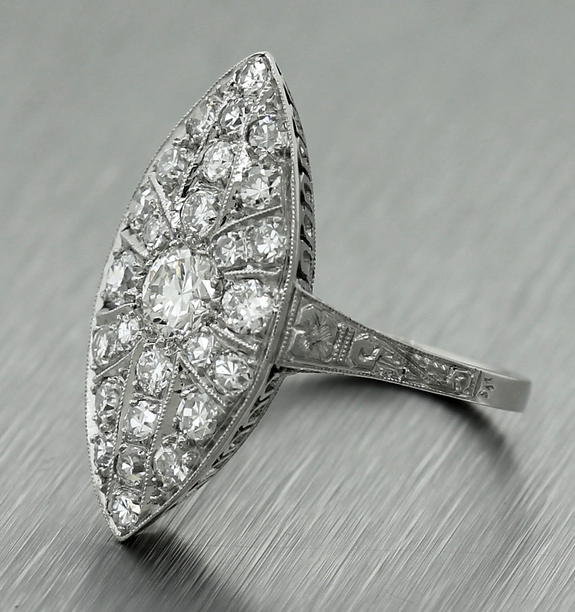 $4,260 Ladies Art Deco Estate Platinum 1.44ctw Diamond Cluster Cocktail Ring