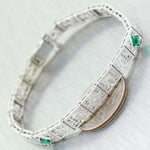 1930's Antique Art Deco 14K White Gold .45ct Emerald & .02ct Diamond Filigree Bracelet C9
