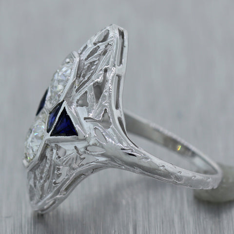 1930s Antique Art Deco 18k White Gold 0.42ctw Diamond Sapphire Filigree Ring