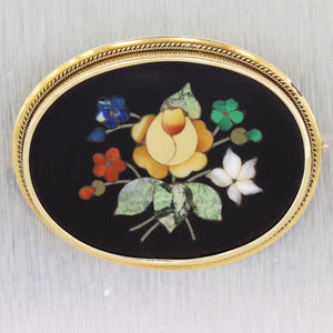Vintage Estate 18k Yellow Gold Pietra Dura Flower Pin Brooch