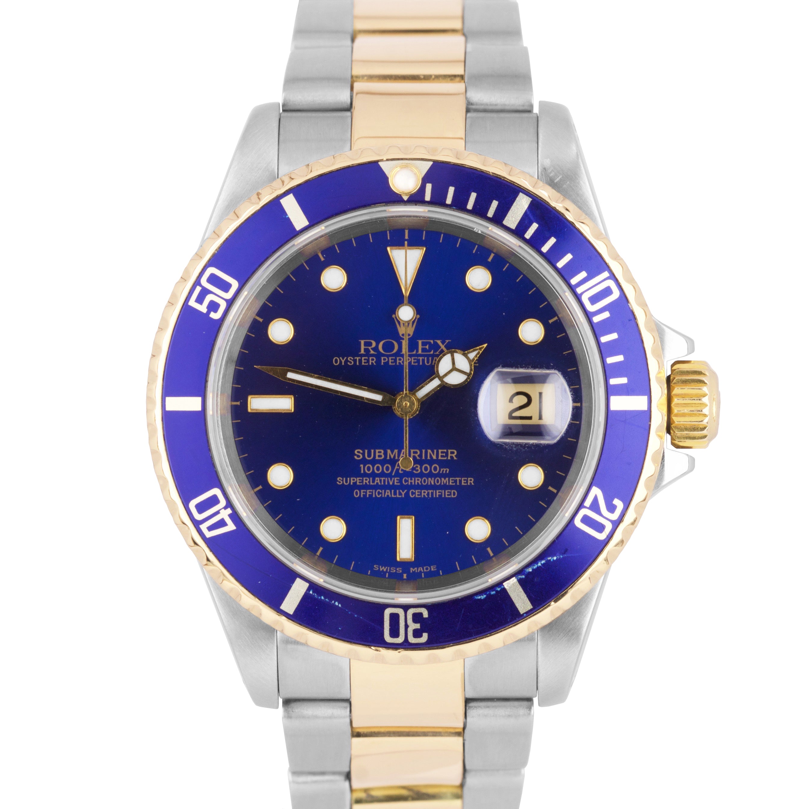 2000 Rolex Submariner Date 16613 Swiss Two-Tone Gold Stainless Blue Dive 40mm