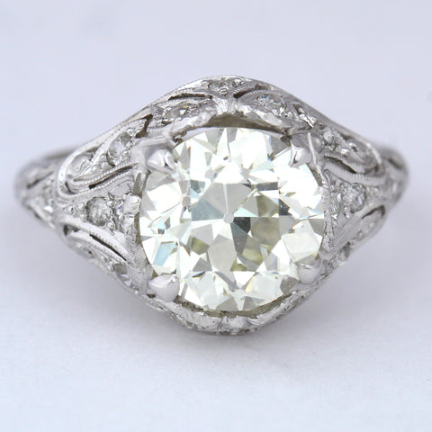 GIA 1920s Antique Art Deco Solid Platinum 3.45ct Round Diamond Engagement Ring