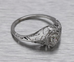 Antique Art Deco 14K White Gold 0.25ct Diamond Filigree Engagement Ring