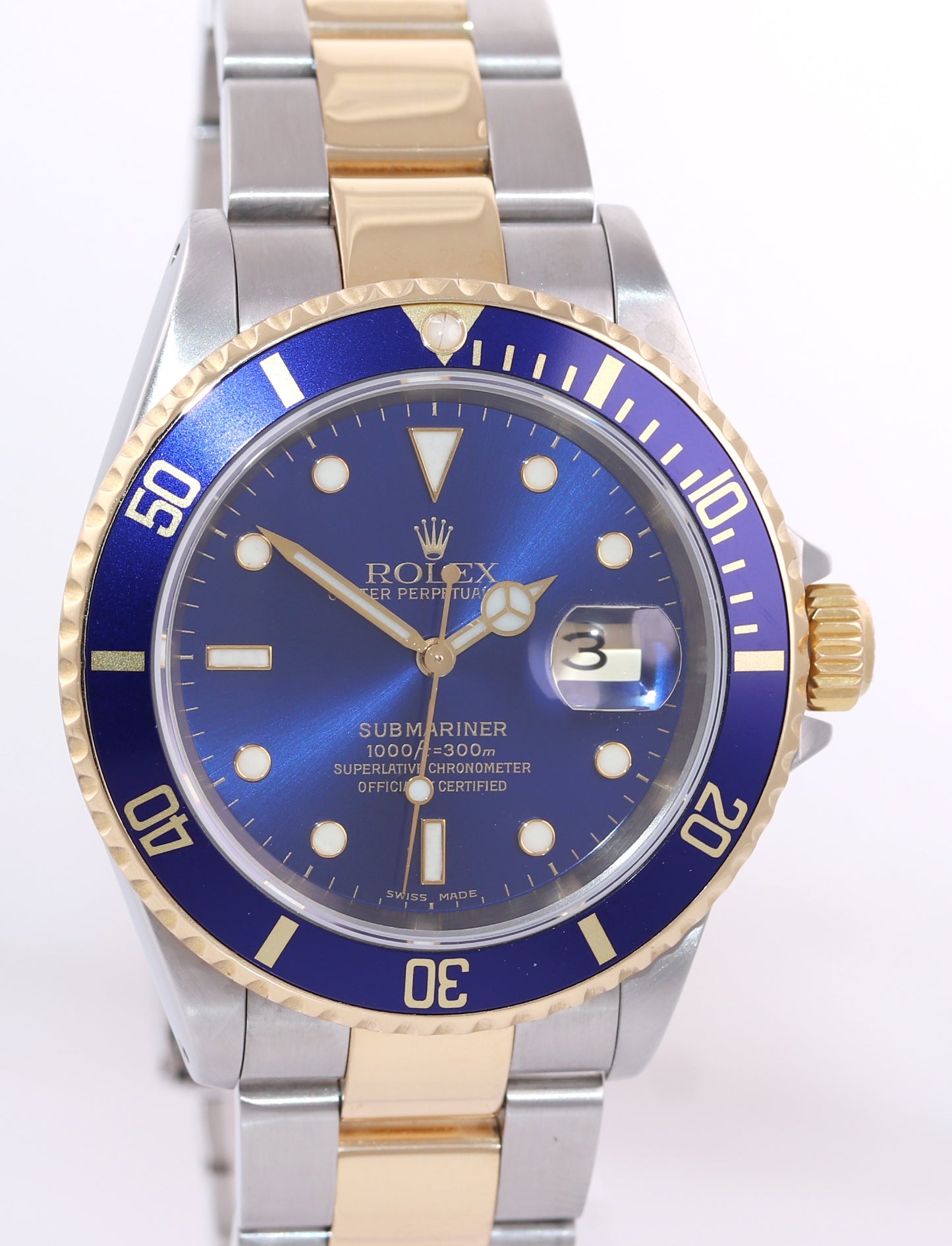 2002 Rolex Submariner 16613 Two Tone Gold Blue 40mm Watch Box Gold Buckle